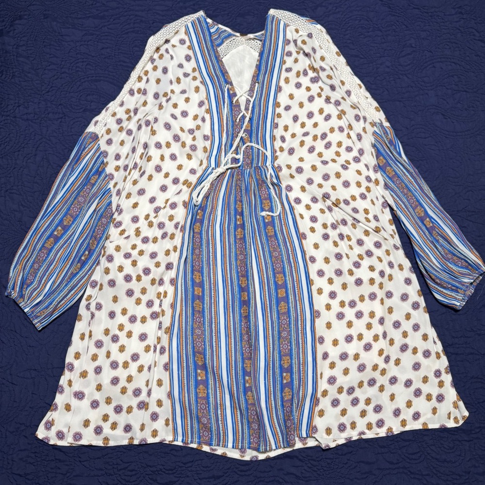 Free People Rain Or Shine Boho Floral Striped Lace Up Mini Dress Blue White L